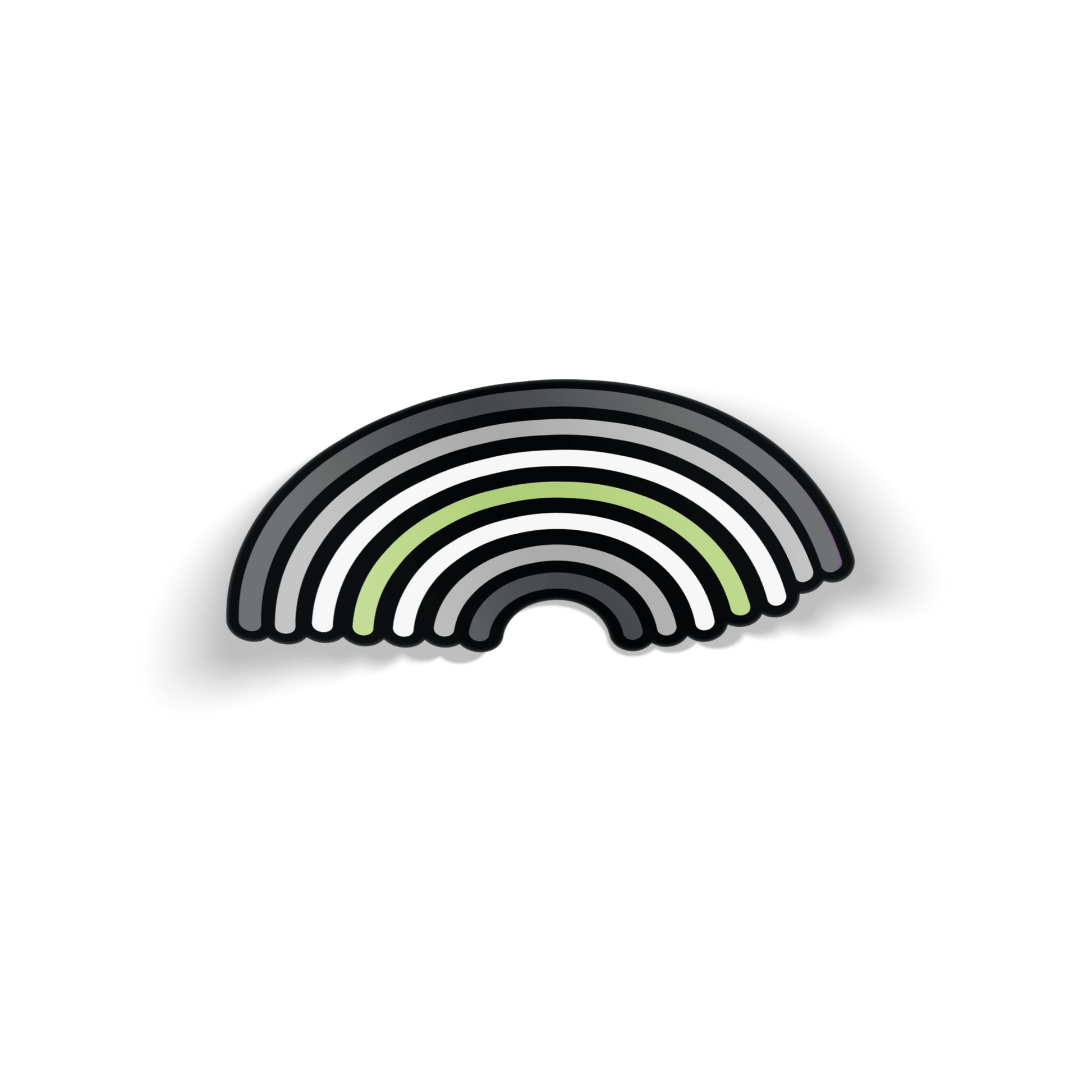 Rainbow sticker with the agenda pride colors, with rounded corners and a black outline. The background behind the sticker is white.