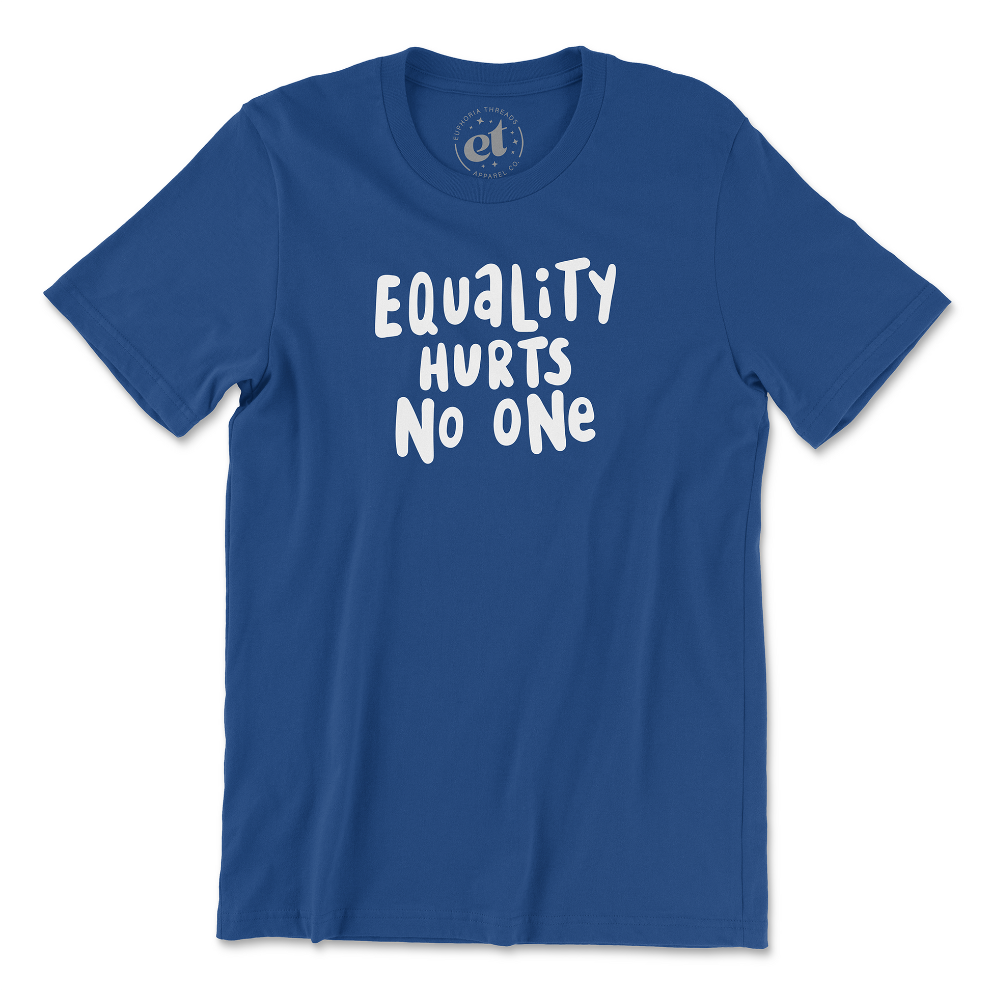 Royal blue unisex 100% cotton LGBTQ pride tee with white text that says “Equality Hurts No One” in a bold, hand-lettered font. Background is white.