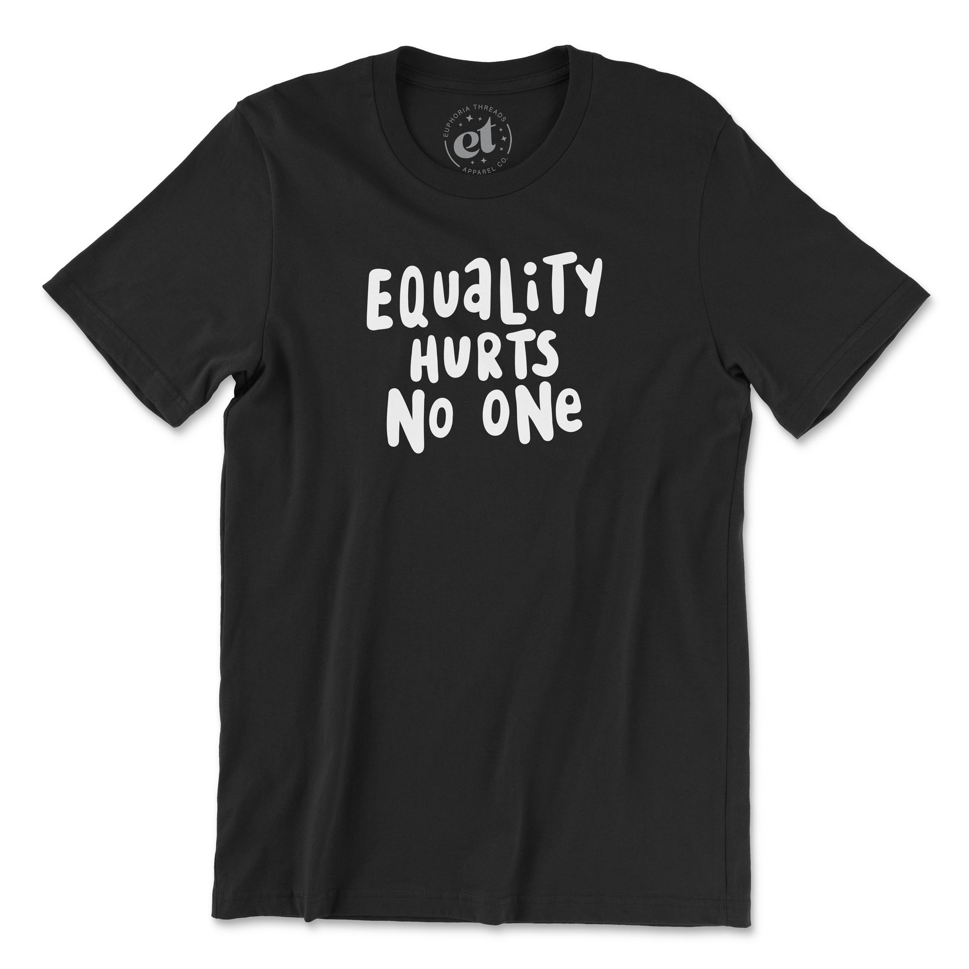 Black unisex 100% cotton LGBTQ pride tee with white text that says “Equality Hurts No One” in a bold, hand-lettered font. Background is white.