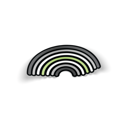 Rainbow sticker with the agenda pride colors, with rounded corners and a black outline. The background behind the sticker is white.