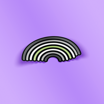 Rainbow sticker with the agenda pride colors, with rounded corners and a black outline. The background behind the sticker is purple.